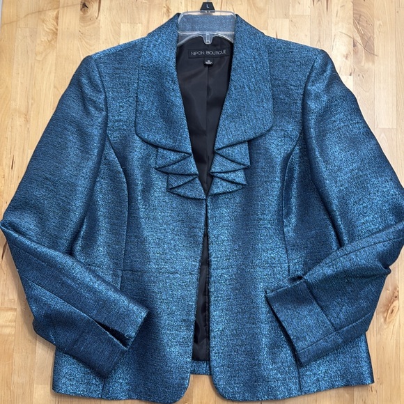 NIPON BOUTIQUE DOPAMINE OMBRE-SHINE RUFFLE FRONT BLAZER JACKET WOMENS 10 BLUE - Picture 16 of 16